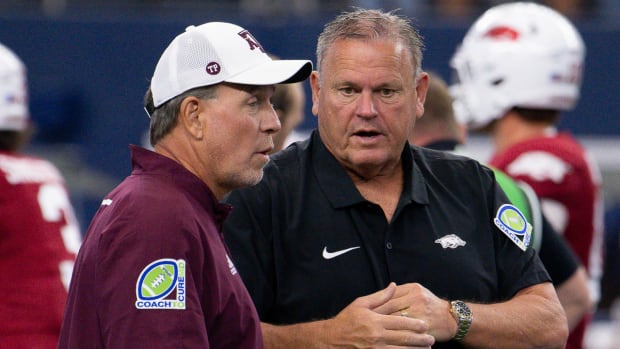 Razorbacks coach Sam Pittman with Texas A&M coach Jimbo Fisher before game against Texas A&M